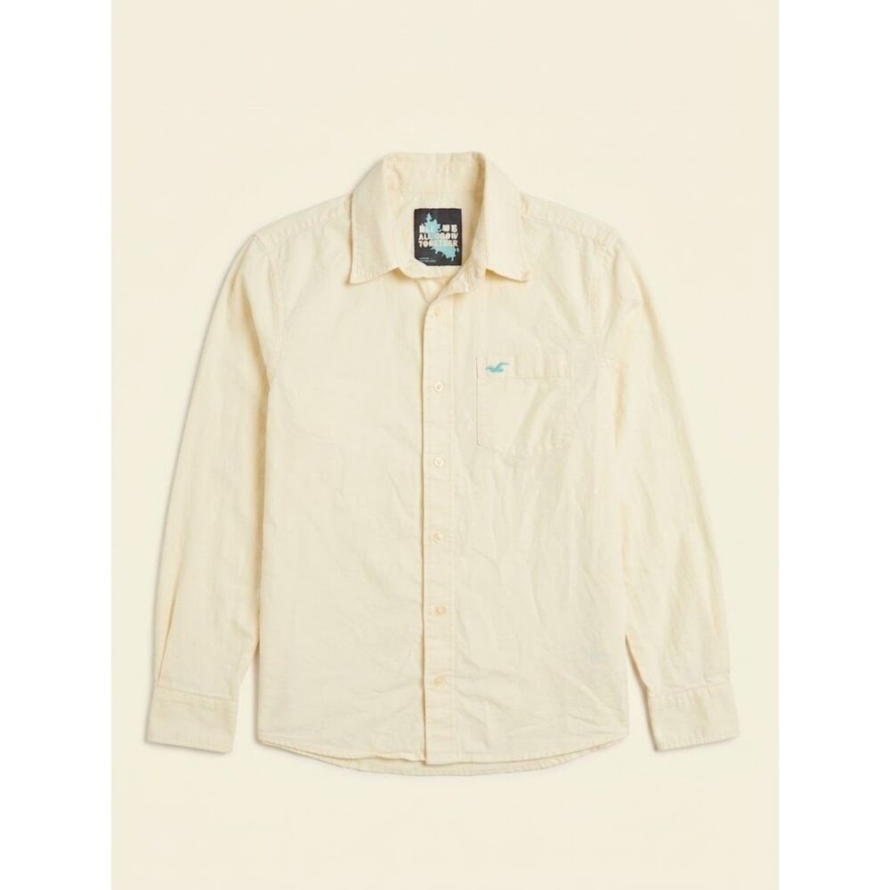 Y2K Hollister Button Down Shirt Mens L Cream Long Sleeve Cotton Pocket Gull